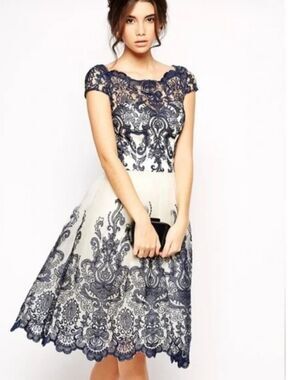 Chi Chi London Dress Navy Cream Tulle Lace Scalloped Party Mother of Bride